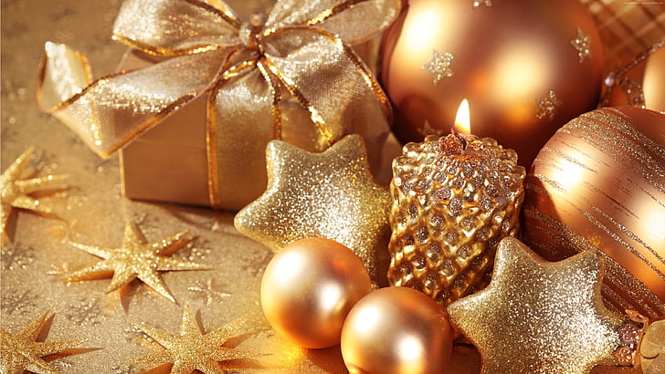 подарък, декорации, свещ, топки, звезда, Коледа, злато, Нова година, HD тапет