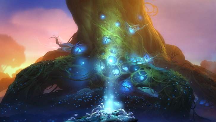 ilustrasi pohon kehidupan, seni fantasi, Ori and the Blind Forest, bercahaya, akar, Wallpaper HD
