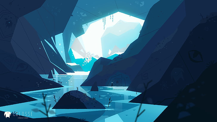 иллюстрация голубой пещеры, пещера, фэнтезийное искусство, Микаэль Густафссон, скала, река, природа, небо, произведение искусства, пейзаж, глаза, вода, голубой, HD обои