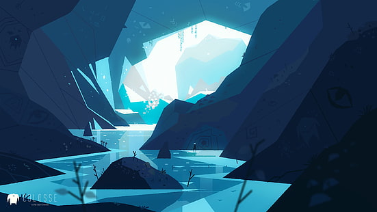 иллюстрация голубой пещеры, пещера, фэнтезийное искусство, Микаэль Густафссон, скала, река, природа, небо, произведение искусства, пейзаж, глаза, вода, голубой, HD обои HD wallpaper