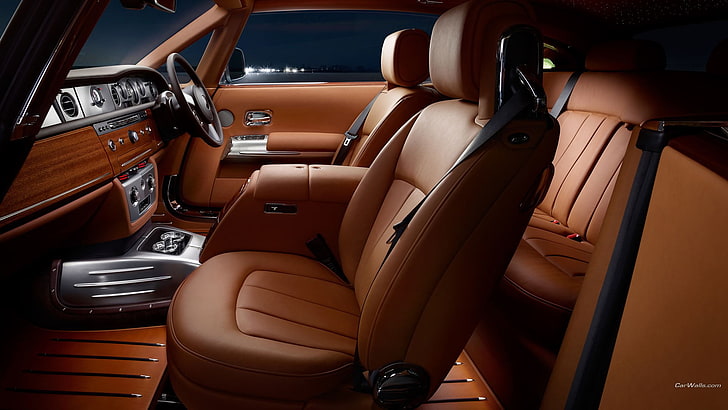 fotel kubełkowy z brązowej skóry, samochód, Rolls-Royce Phantom, Tapety HD