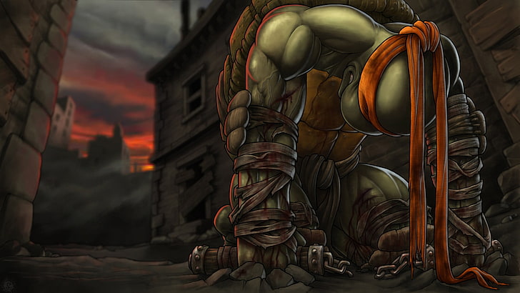 Michelangelo z ilustracji TMNT, Wojownicze Żółwie Ninja, grafika fantasy, grafika, Tapety HD