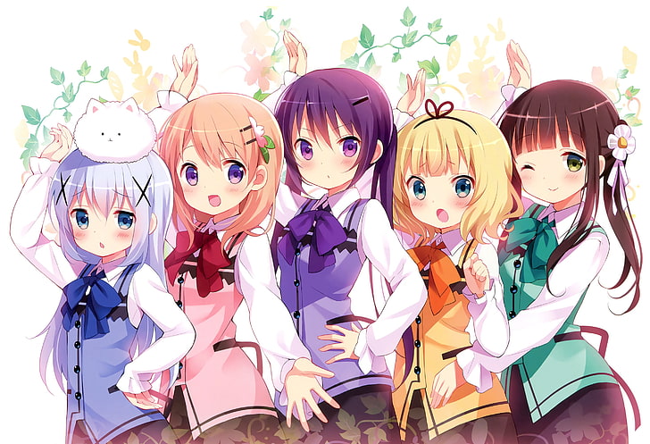 five female anime characters illustration, anime girls, long hair, Gochuumon wa Usagi Desu ka?, blonde, Hoto Kokoa, Kafuu Chino, Kirima Sharo, Tedeza Rize, Ujimatsu Chiya, HD wallpaper
