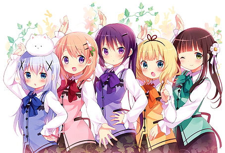 illustration de cinq personnages féminins d'anime, filles anime, cheveux longs, Gochuumon wa Usagi Desu ka ?, blonde, Hoto Kokoa, Kafuu Chino, Kirima Sharo, Tedeza Rize, Ujimatsu Chiya, Fond d'écran HD HD wallpaper