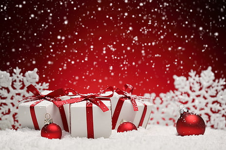 Bälle, Schnee, Schneeflocken, Neujahr, Weihnachten, Geschenke, Winter, Frohe Weihnachten, Dekoration, HD-Hintergrundbild HD wallpaper