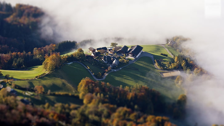 minimalizm, wioska, góry, mgła, Tapety HD
