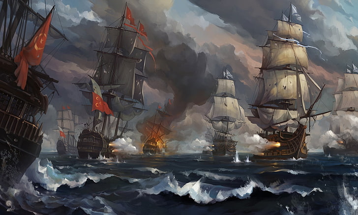 pertempuran, digital, igor-artyomenko-seabattle-in-rocks, angkatan laut, ottoman, Rusia, laut, kapal, Wallpaper HD