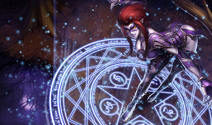 red haired woman animated illustration, girl, magic, mask, spikes, costume, pentagram, League of Legends, LoL, Evelynn, HD wallpaper