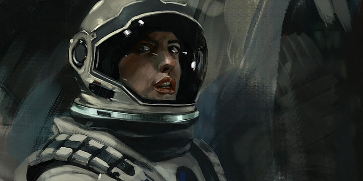 женский космонавт картина, космонавт, костюм, шлем, Энн Хэтэуэй, Межзвездный, Амелия Брэнд, Нолан, HD обои