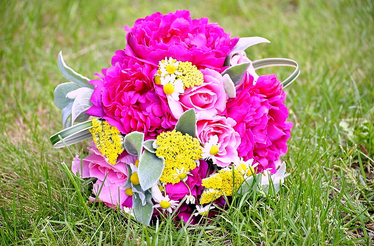 pink roses, peonies, and yellow clustered flower bouquet, roses, peonies, daisies, flowers, flower, grass, HD wallpaper