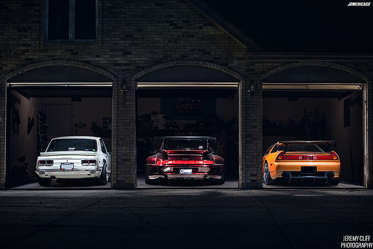 иллюстрация нескольких автомобилей, Nissan Skyline, Acura NSX, RWB Porsche, HD обои