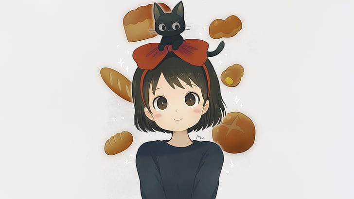 anime, chicas anime, fondo simple, Studio Ghibli, jiji, gatos, gatos negros, sonrisa, colegiala, pan, pelo corto, Majo no Takkyūbin, Fondo de pantalla HD