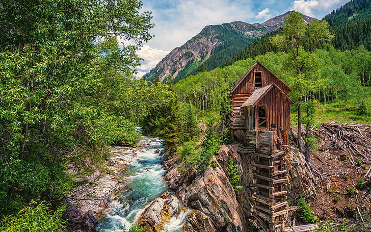 Colorado, water mill, river, forest, trees, mountains, Colorado, Water, Mill, River, Forest, Trees, Mountains, HD wallpaper