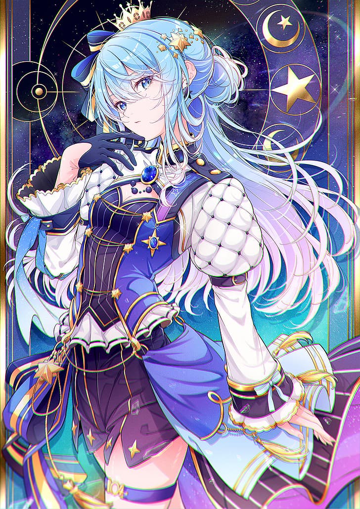 Hololive, portrait display, Hoshimachi Suisei, crown, looking at viewer, gloves, Virtual Youtuber, jewelry, two tone hair, earring, gradient hair, blue eyes, long hair, long sleeves, missing glove, hair ribbon, chromatic aberration, gems, hair ornament, head tilt, thigh strap, star eyes, starry night, space, Muto, white eyes, stars, ribbon, HD wallpaper