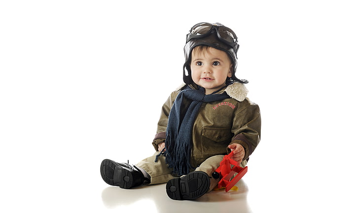 toddler's brown and beige zip-up jacket, children, child, glasses, hood, happy, old-fashioned, cute, adorable, pilot, goggles, charming, old fashioned, pilot's, boy, toy airplane, baby boy, toy plane, HD wallpaper