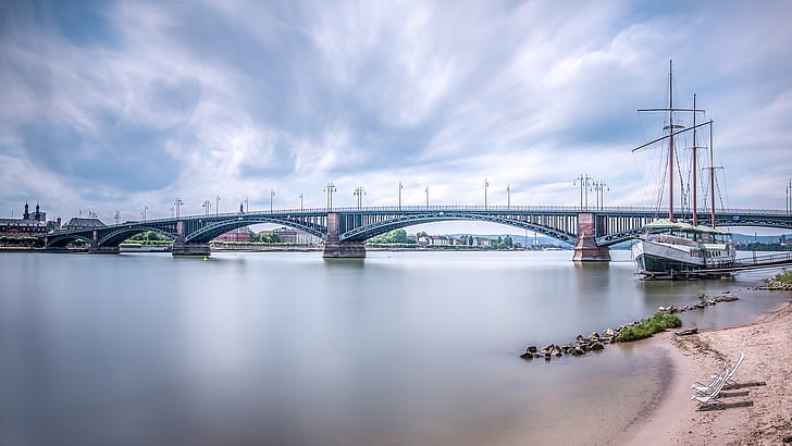 Architektur, Brücke, Wasser, Segelschiff, Fluss, Banken, Wolken, Gebäude, Stadtbild, Wiesbaden, Deutschland, HD-Hintergrundbild