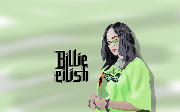 Billie Eilish, rysunek, zieleń, muzyka, ilustracja, digital, Tapety HD