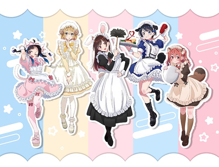 Anime, Anime Girls, Kanojo, Okarishimasu (Rent-a-Girlfriend), Mami Nanami, Ruka Sarashina, Mini Yaemori, Sumi Sakurasawa, Chizuru Mizuhara, Dienstmädchen-Outfit, lächelnd, errötend, den Betrachter ansehend, HD-Hintergrundbild
