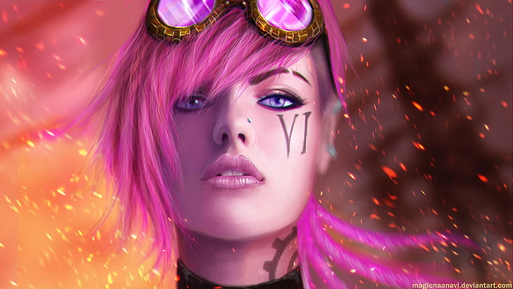 female animated character digital wallpaper, League of Legends, MagicnaAnavi, pink hair, Vi (League of Legends), women, fantasy girl, video games, HD wallpaper