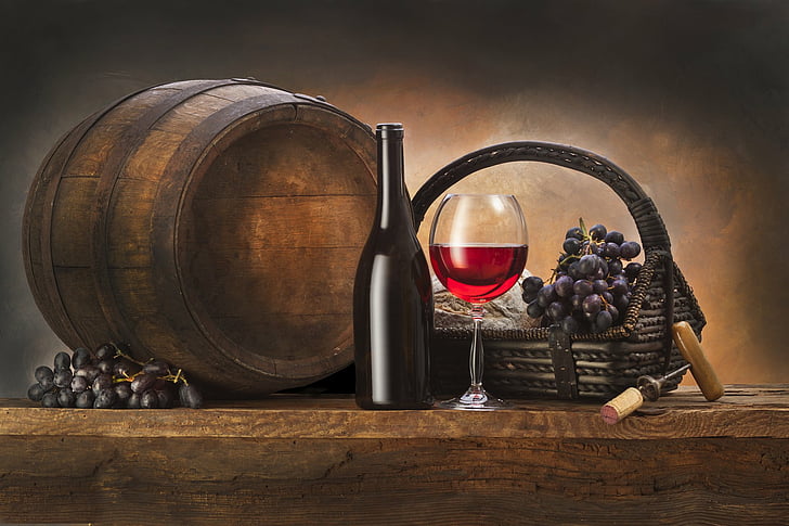 Food, Wine, Barrel, Bottle, Glass, Grapes, Still Life, HD wallpaper