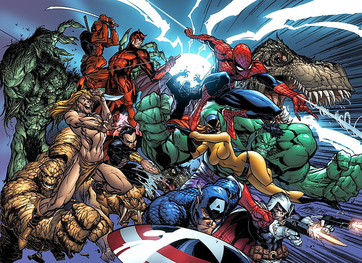 comic characters hd wallpaper, Marvel Comics, Spider-Man, Captain America, Daredevil, Namor, Hulk, Deadpool, Man-Thing, Magneto, The Thing, HD wallpaper