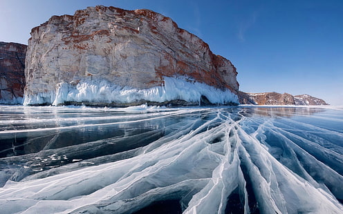 การถ่ายภาพภูเขาน้ำแข็งทะเลสาบไบคาลน้ำแข็งทิวทัศน์ธรรมชาติทะเลสาบหน้าผา, วอลล์เปเปอร์ HD HD wallpaper