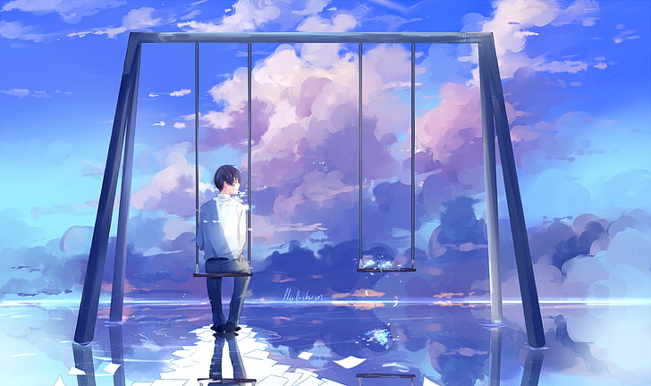 anime boy, scenic, swing, clouds, back view, reflection, Anime, HD wallpaper