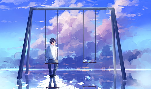 anime boy, scenic, swing, clouds, back view, reflection, Anime, HD wallpaper HD wallpaper