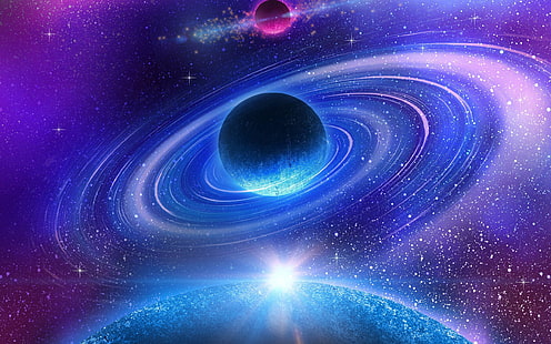 space, star, galaxy, nebula, sunlight, planet, rings, purple and black planet, rings, star, galaxy, nebula, sunlight, planet, HD wallpaper HD wallpaper
