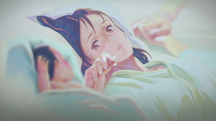 анимирана илюстрация на жена и бебе, Макото Шинкай, Кими но На Ва, аниме момичета, HD тапет
