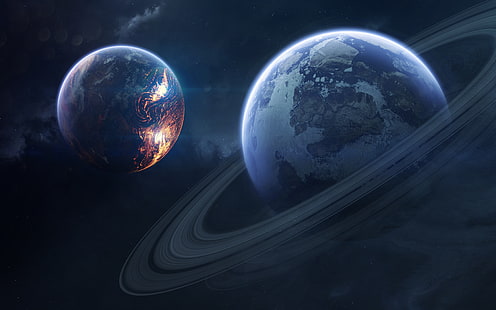 две планеты, иллюстрации, Сатурн, Планета, Кольца Сатурна, 4К, HD обои HD wallpaper
