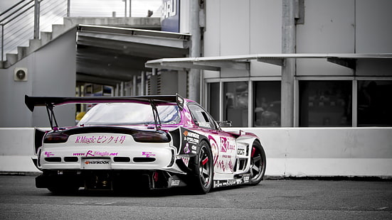 white and purple racing car, mazda, rx7, tuning, HD wallpaper HD wallpaper