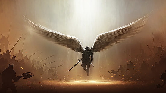 Guardian Angel håller svärd tapet, man med vingar som håller svärd 3D tapet, ängel, konstverk, Diablo, Tyrael, Diablo III, dop, vingar, videospel, Diablo 3: Reaper of Souls, fantasikonst, beige, brun, HD tapet HD wallpaper