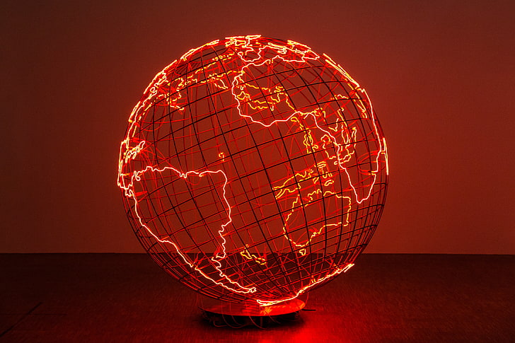 빨간색과 검은 색 LED 지구 장식, 지구, 전기, 조명, HD 배경 화면