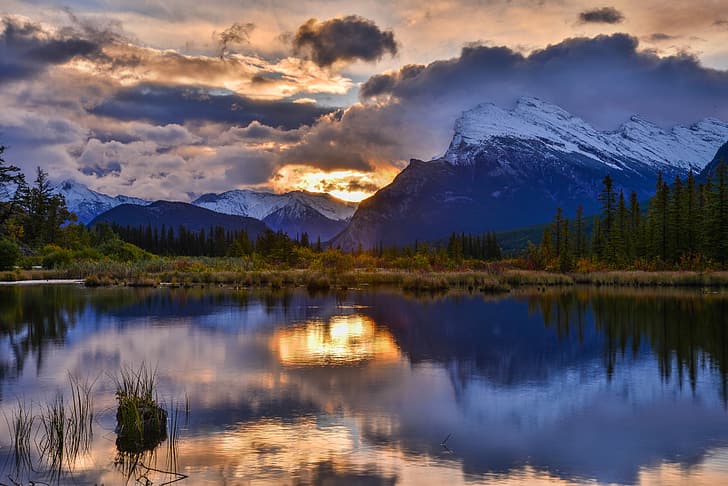 лес, горы, озеро, отражение, восход, рассвет, утро, Канада, Альберта, Banff National Park, Alberta, Mount Rundle, Canadian Rockies, Vermilion Lakes, Lake Vermilion, HD обои