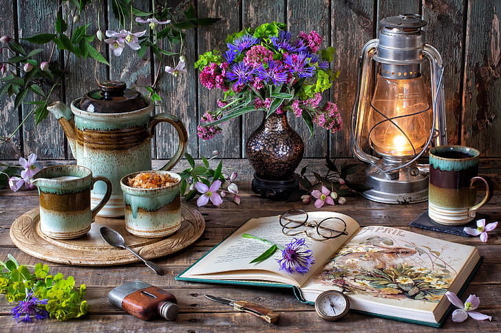 flowers, style, lamp, coffee, bouquet, glasses, mug, book, still life, compass, cornflowers, clematis, coffee pot, HD wallpaper
