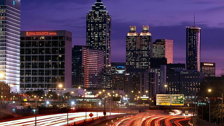 저속 촬영 사진 도시, 애틀랜타, 미국, 조지아, 중심지, 고층 빌딩, 밤, HD 배경 화면