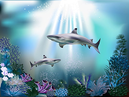 carta da parati squalo, mare, bolle, blu, coralli, squali, mondo sottomarino, sott'acqua, raggi di luce, 3D, Sfondo HD HD wallpaper