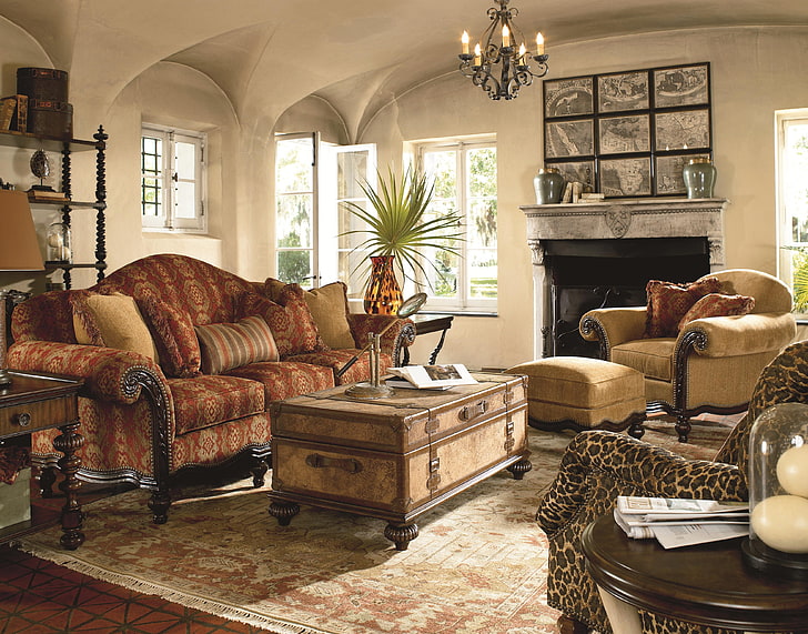 Habitación, interior, chimenea, sala de estar, brillo cálido, estilo colonial británico, Fondo de pantalla HD