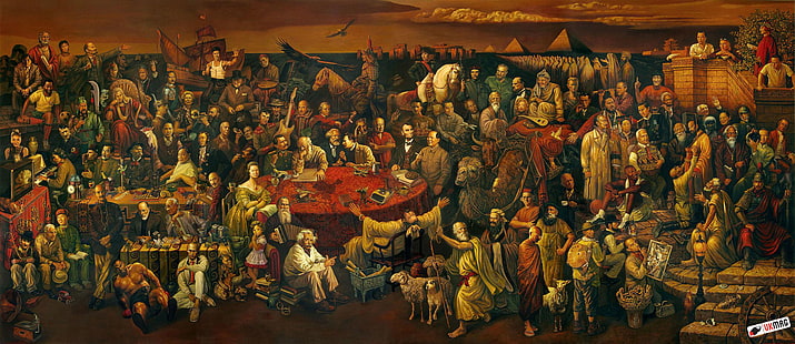 collage, histórico, Discutiendo la Divina Comedia con Dante, Vladimir Lenin, pintura al óleo, Claude Monet, Fondo de pantalla HD HD wallpaper