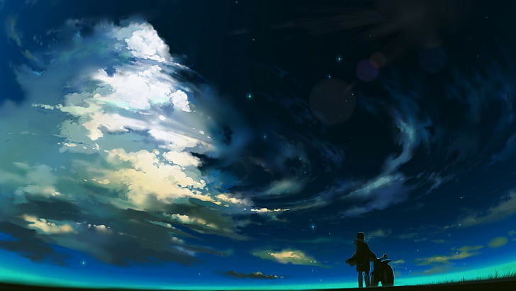 anime, sky, atmosphere, clouds, sun, weather, cloud, cloudscape, landscape, light, sunset, heaven, environment, horizon, sunlight, summer, clear, sunrise, high, day, air, outdoors, space, cloudy, season, scenic, bright, color, dusk, climate, scene, spring, outdoor, night, dark, sunny, fluffy, tranquil, silhouette, water, HD wallpaper