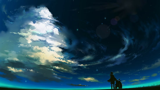 anime, sky, atmosphere, clouds, sun, weather, cloud, cloudscape, landscape, light, sunset, heaven, environment, horizon, sunlight, summer, clear, sunrise, high, day, air, outdoors, space, cloudy, season, scenic, bright, color, dusk, climate, scene, spring, outdoor, night, dark, sunny, fluffy, tranquil, silhouette, water, HD wallpaper HD wallpaper
