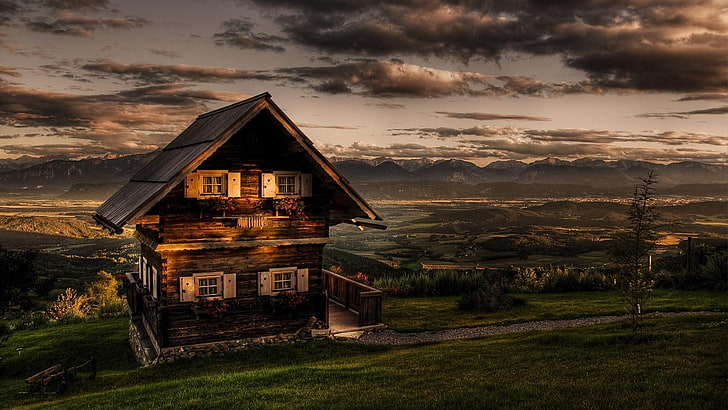 magdalensberg, austria, europe, darkness, twilight, cottage, clouds, carinthia, mountains, sky, house, HD wallpaper