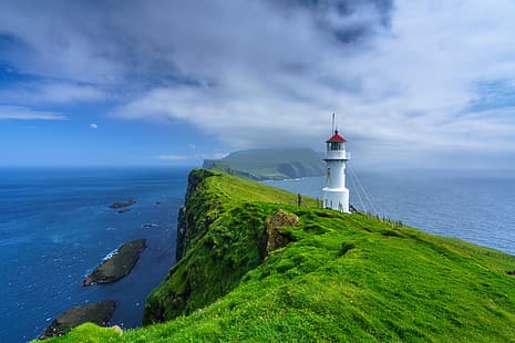Острова, океан, маяк, Фарерские острова, Mykines, Holmur Lighthouse, HD обои HD wallpaper