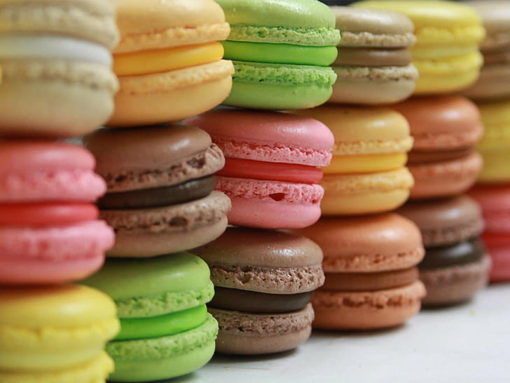 assorted color Macarons, Wall, Food, color, Macarons, macaroon, dessert, cookie, sweet Food, multi Colored, snack, stack, gourmet, france, pink Color, cultures, HD wallpaper