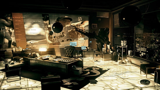 sedia imbottita capitonné in pelle nera, Deus Ex: Human Revolution, Deus Ex, cyberpunk, videogiochi, Sfondo HD HD wallpaper