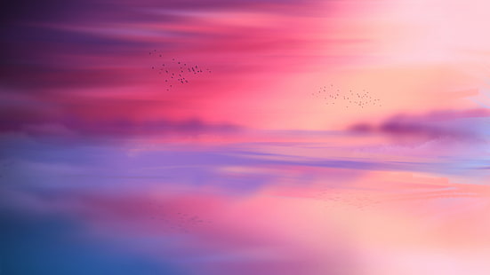 отражение, розовое небо, послесвечение, море, спокойствие, горизонт, облако, закат, вечер, сумерки, 8 тыс. грн., 8 тыс., HD обои HD wallpaper