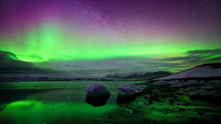 green northern lights, aurorae, sky, nature, lake, Norway, winter, ice, HD wallpaper