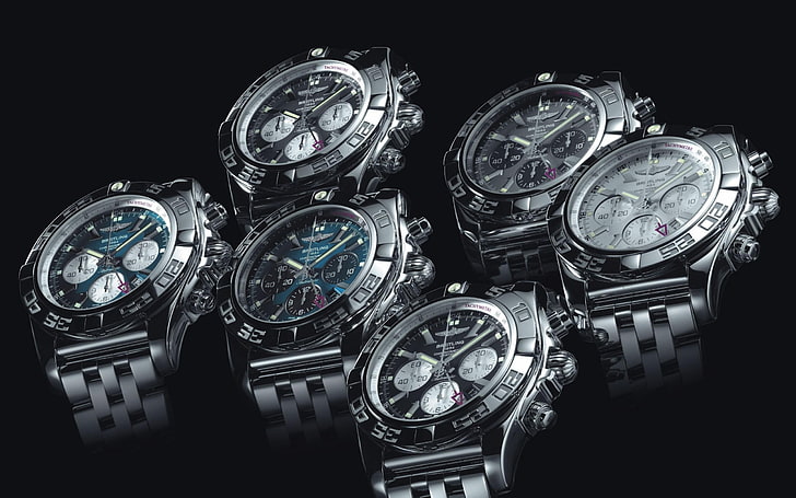 Pubblicità del marchio di orologi Breitling Chronomat-Fashion .., sei orologi analogici color argento, Sfondo HD