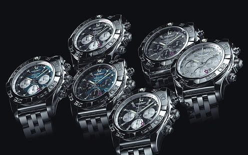 Pubblicità del marchio di orologi Breitling Chronomat-Fashion .., sei orologi analogici color argento, Sfondo HD HD wallpaper